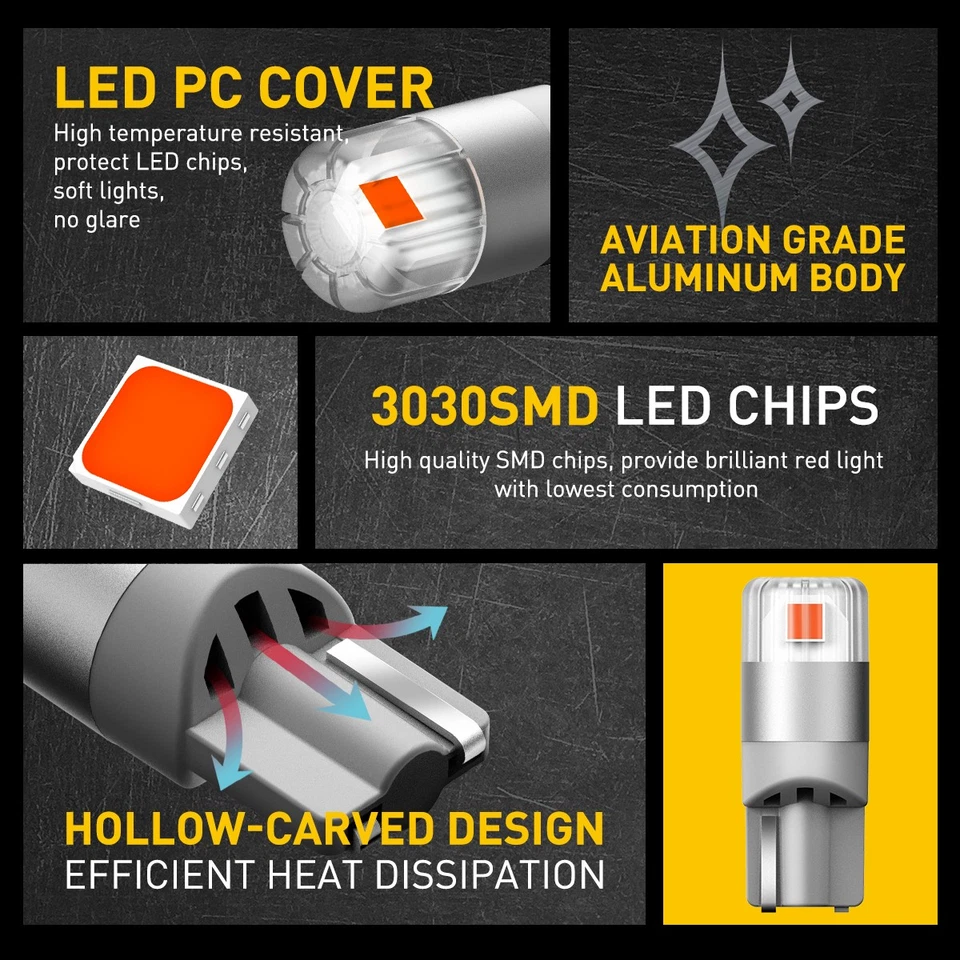4x T10 194 168 192 LED Interior Puerta Domo Baúl Mapa Bombillas Rojo Súper Brillante Foto 3 de 4
