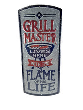 NEW Grill Master and Flame of His Life Embossed Metal Sign - Funny Blue/Red
