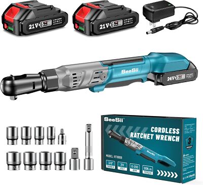 Seesii 3/8'' Cordless Ratchet Wrench 7 Sockets 1/4''&1/2'' Adapter 3'' Extension Bar