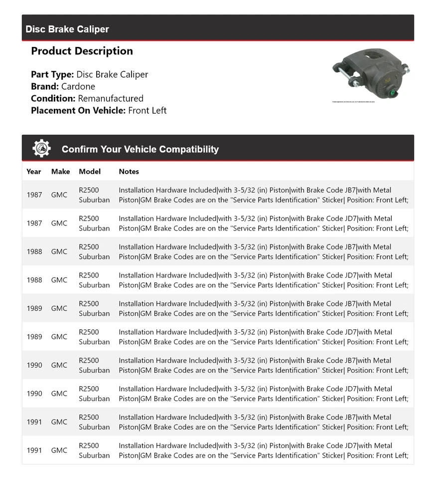 Pinza de freno de disco delantera izquierda cardone 1988 1989 para GMC R2500 1987-1991 Suburban Foto 2 de 4