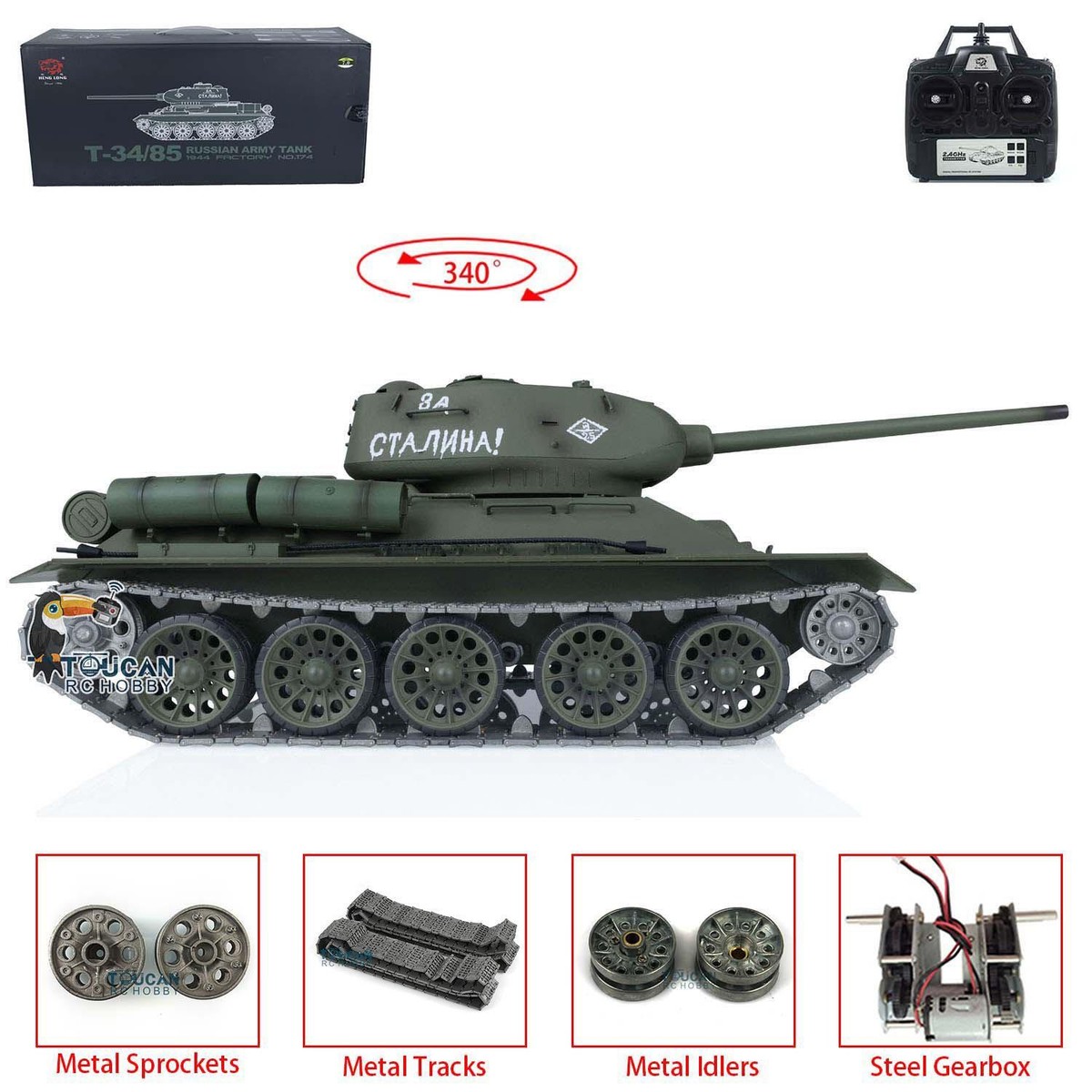 Henglong 1/16 7.0 Soviet T34-85 RTR RC IR Battle Tank 3909 W/Metal
