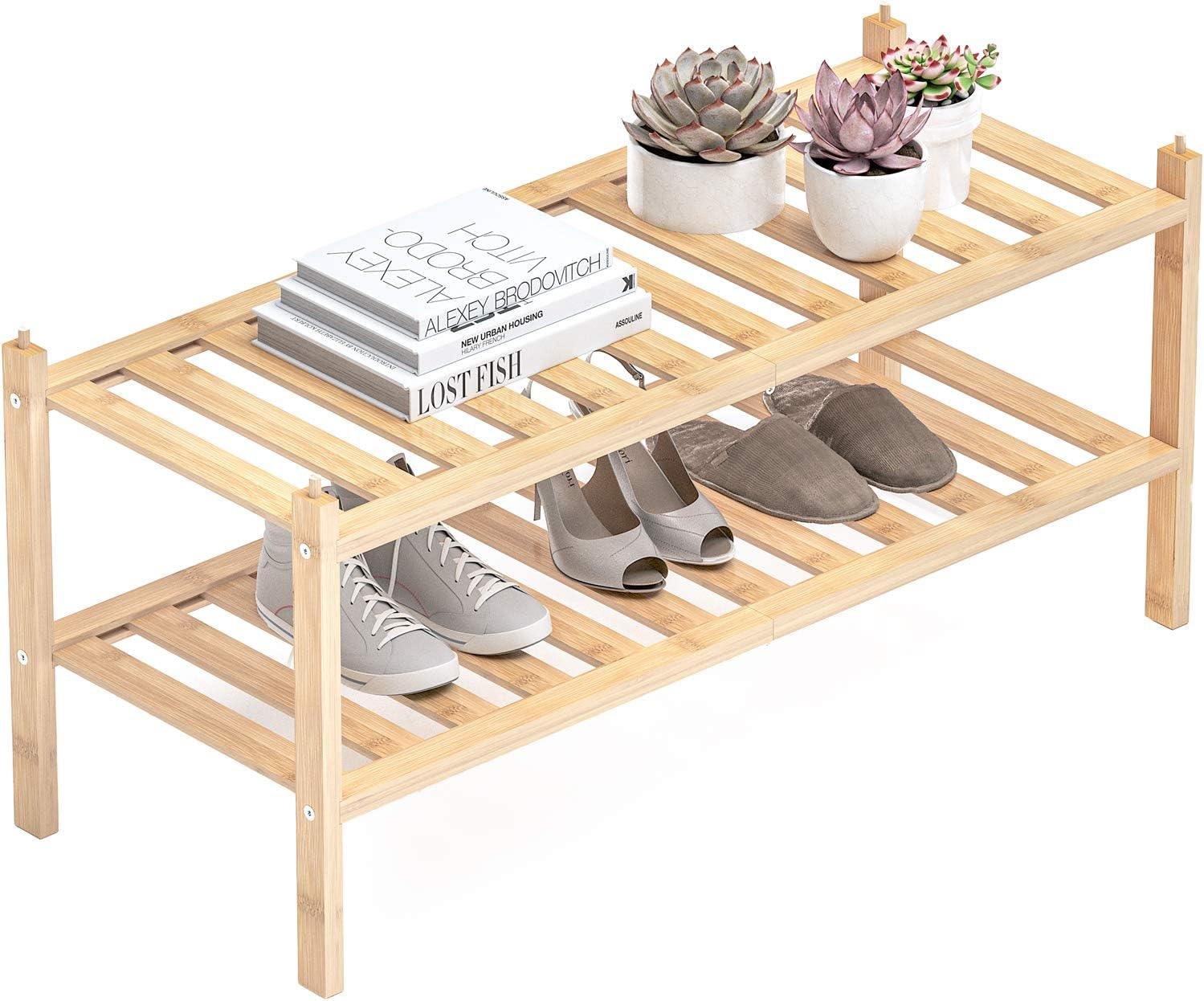 2-Tier Bamboo Shoe Rack Stackable Closet Storage Organizer Stand-image