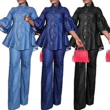 Womens New Fashionable Casual Solid Color Denim High Neck Straight Leg Pants Set