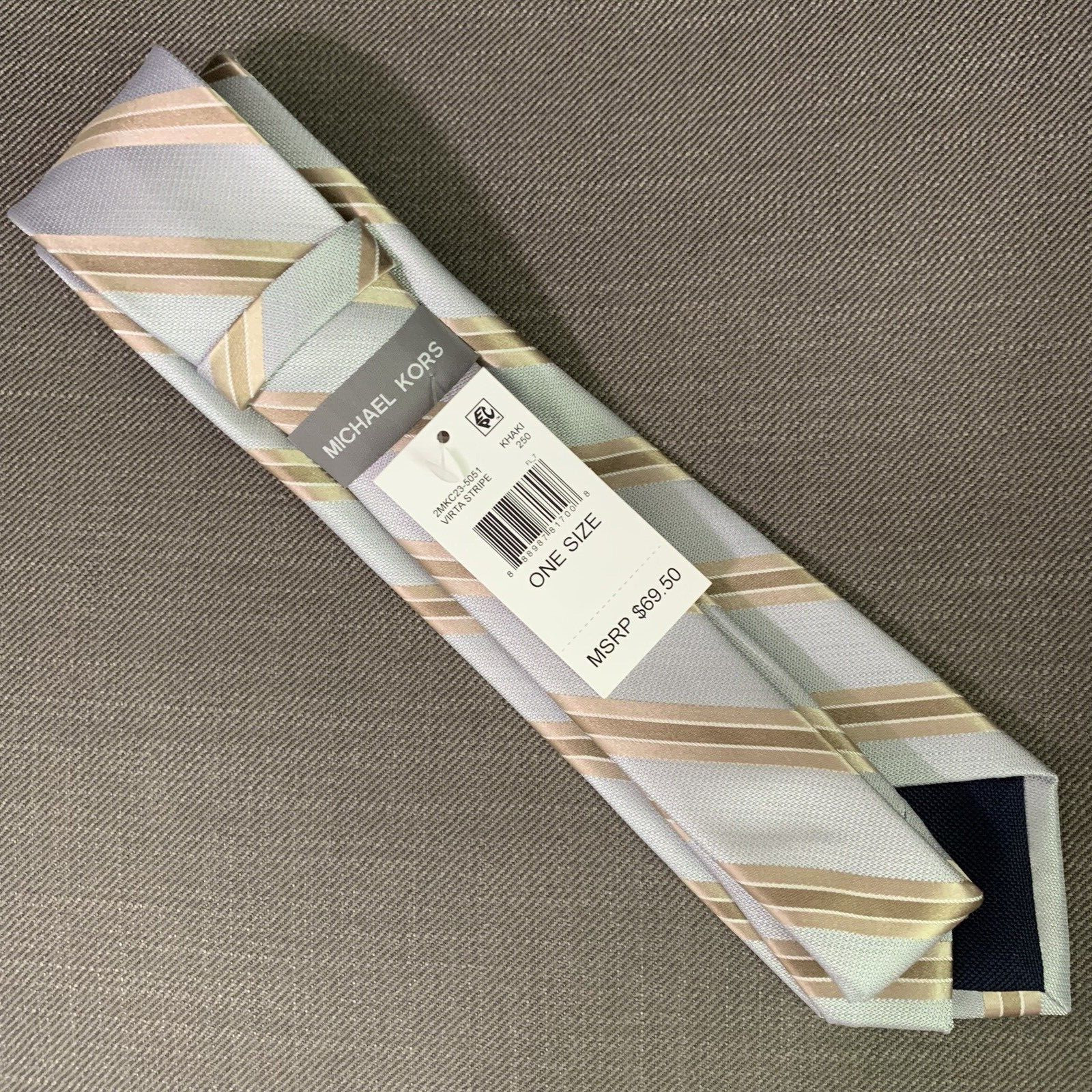 Michael Kors Men's Neck Tie Light Blue/Khaki Virta Strip Silk Blend NWT thumbnail 2