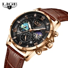 Men's Watch Quartz Moon Phase Date Luminous Chronograph Waterproof Wristwatch