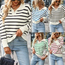 Women Striped Long Sleeve Pullover Sweater Casual Loose Polo V Neck Color Block