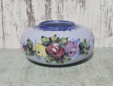 Vintage Portugal Vestal Alcobaca Pottery Round Ceramic Vase Blue Floral Planter