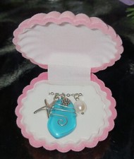 Blue Sea Glass, Charm And Pearl Necklace With Pink Shell Gift Box