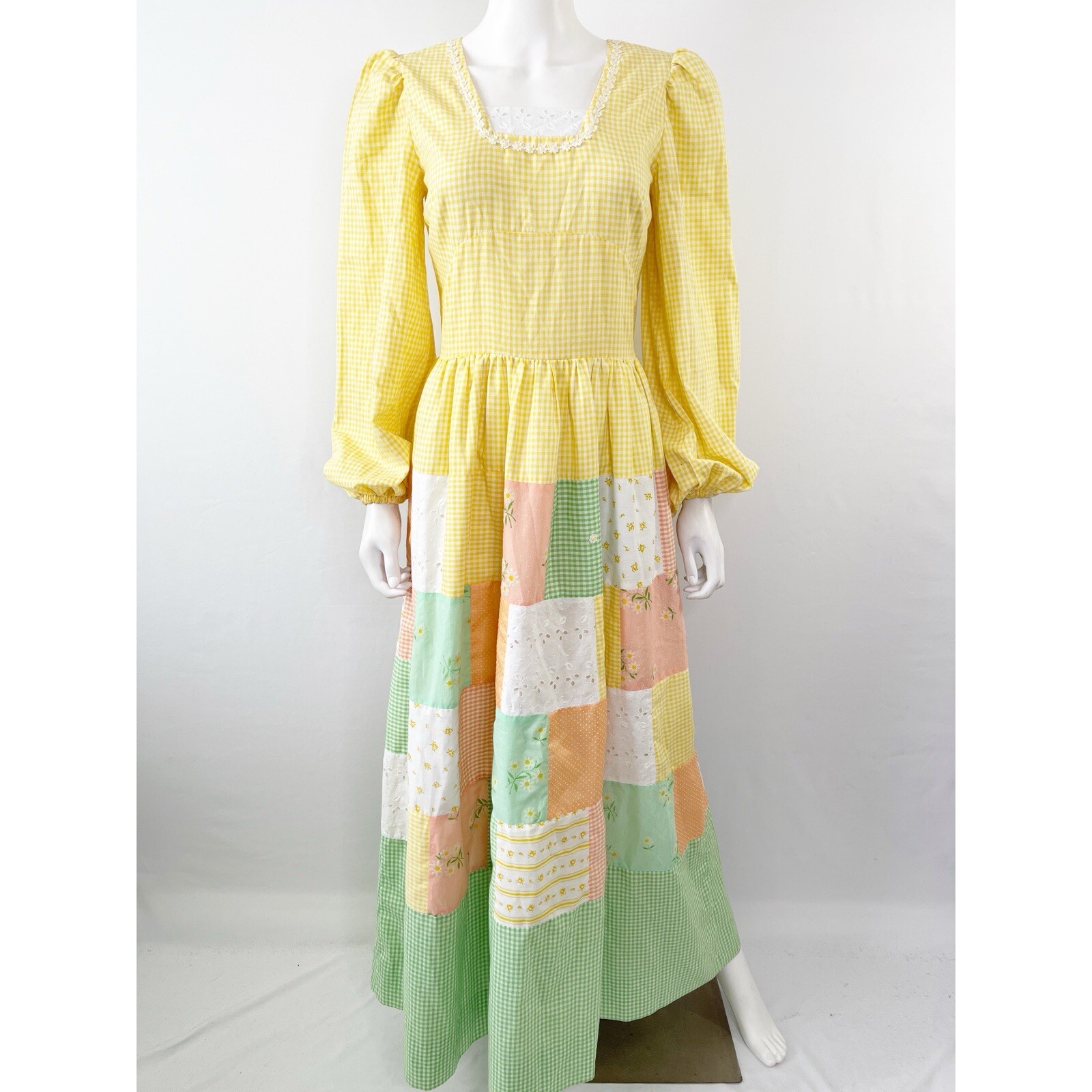 Handmade Yellow Gingham Patchwork Peasant Maxi Dr… - image 1