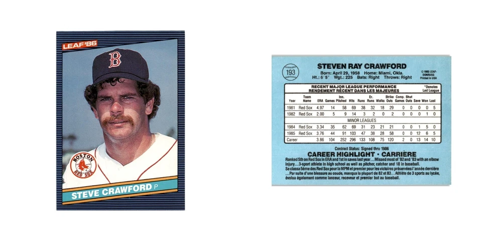 Steve Crawford 1986 Leaf #193 Boston Red Sox Baseball Card NM - Image 3 of 3