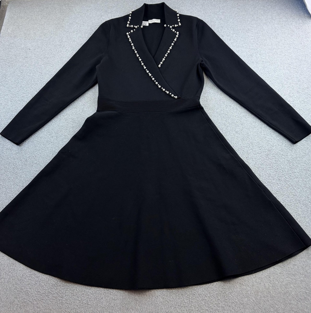 Sandro Dress Womens 42 Black Knit Pearl Trim Collar Fit Flare Long Sleeve