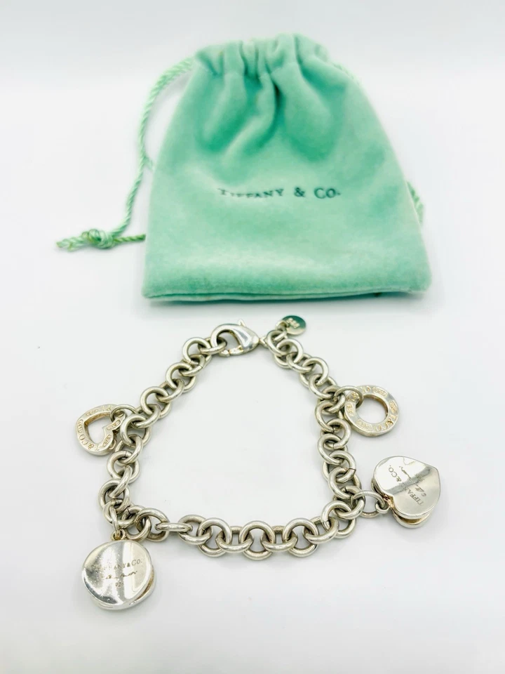 "Brazalete Tiffany & Co. plata esterlina 8 mm eslabones redondos 8"" corazón dije con bolsa" Foto 3 de 4