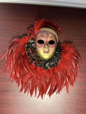 Vintage Venetian Style Masquerade Mask Wall Decor Red Feather Gold Hanging