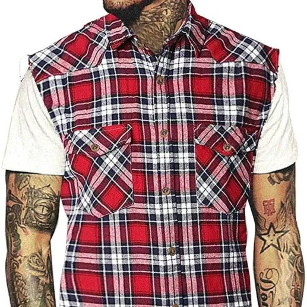 NUTEXROL Sleeveless Casual Flannel Plaid Vest Shirt XL