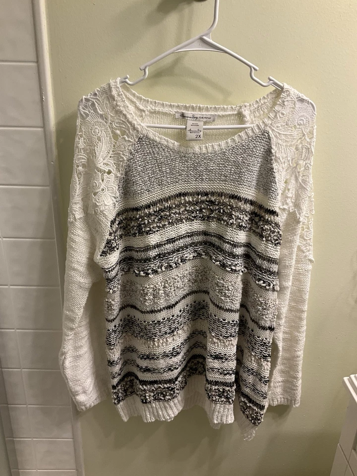 American Rag White Crochet Sweater Women’s Size 2XL White Stripe Lace - Image 2 of 4