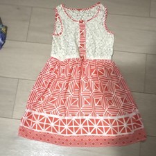 Girls White/Orange Geometric Fit Flare Knee Length Round Neck Lace Dress