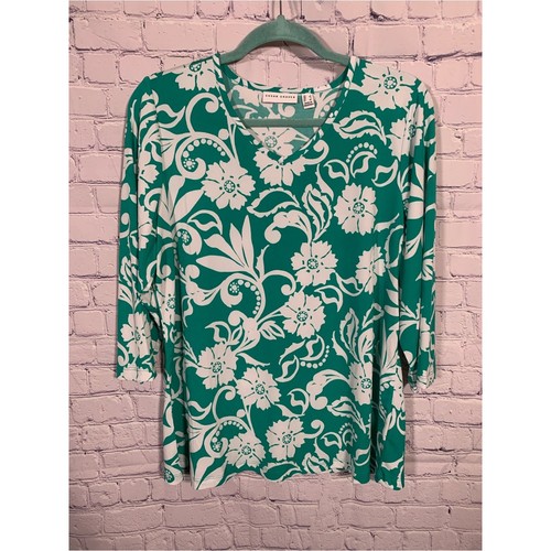 Susan Graver Womens Liquid Knit Floral V-Neck 3/4 Sleeve Top Green Sz L Stretch