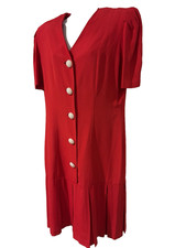 Vtg 80s Jessica Howard Red Dress~ Petite 12~ Button Dn V Nk Pleated Hem Shd.Pads