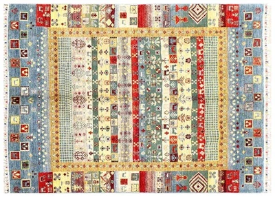 Afghan Ziegler Khorjin Teppich 140x200 Handgeknüpft Blau Gestreift Orient - Bild 1 von 4