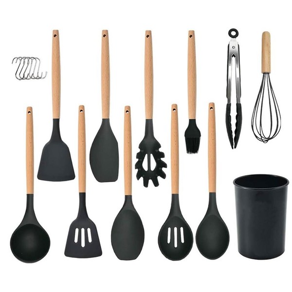KüChenhelfer-Set 12-Teilig Silikon-Kochutensilien-Set Mit Holzgriff,-image