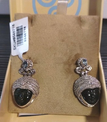 Sajen Rainbow Obsidian Carved Buddha & Blue Apatite Earrings in Sterling Silver