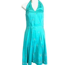 ANN TAYLOR Lined Embroidered Blue Halter Dress 2