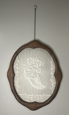 Vintage Wall Hanging Wood Carved Oval Frame W/ Lace Decor Flowers Mid Century