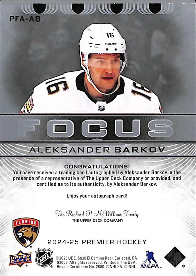 2024-25 Upper Deck Premier Focus Aleksander Barkov #PFA-AB Auto /99 Panthers - Image 4 of 4