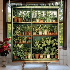 Potted Plant Shower Curtain Vintage Green Plant Shelf Botanical Garden Indoor...