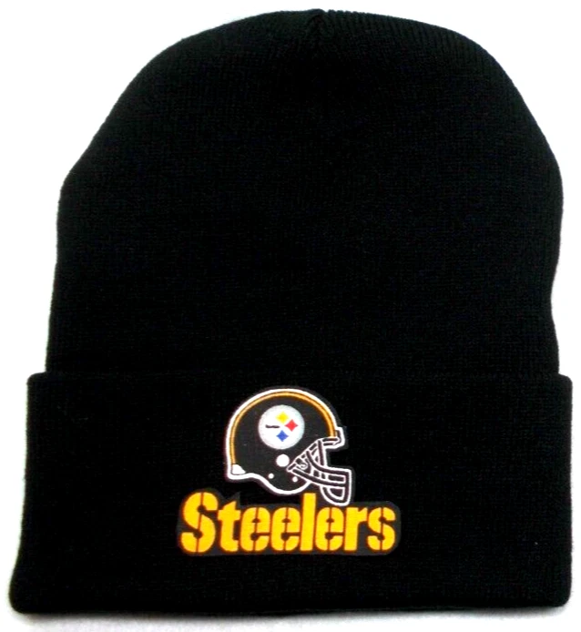 Pittsburgh Steelers flat applique on Blk beanie cap hat. See details
