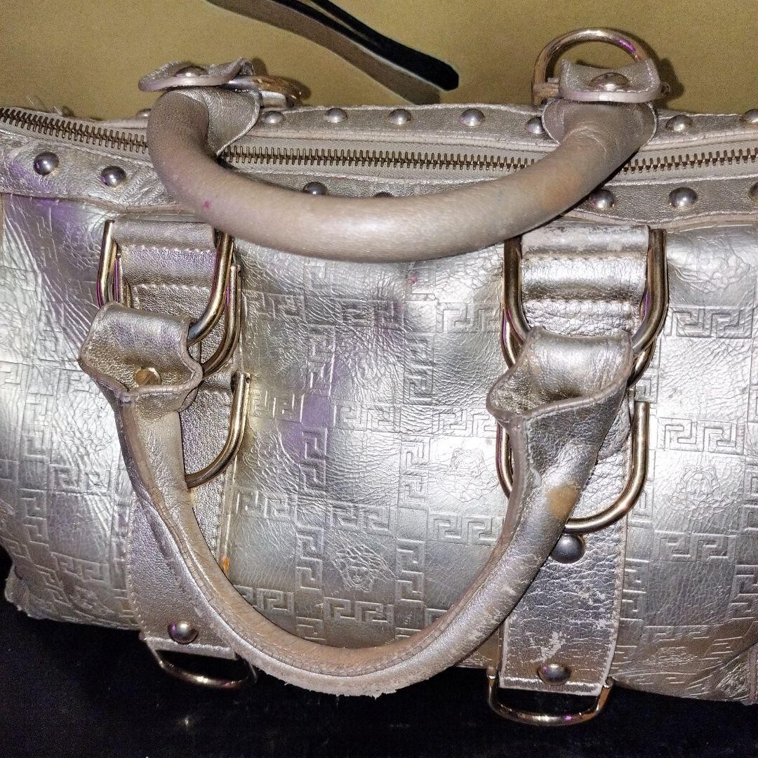 VERSACE HandBag Boston Bag With Studs Hardware Silver Leather Greca Embossed thumbnail 20