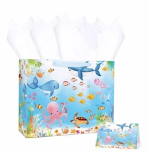 13 Inches Sea Animal Gift Bag with Handle Tissue Paper and Greeting Card Ocea...