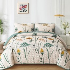 Floral Quilt Set Queen Green Yellow Floral Botanical Bedspread Bedding Set