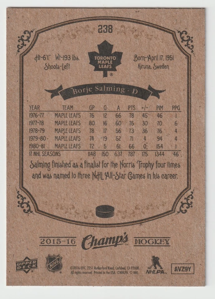 2015-16 Upper Deck Champ's #238 Borje Salming SP - Image 2 of 2