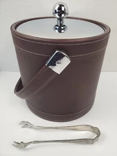 Vintage Kraftware Faux Leather Insulated Ice Bucket Brown Lid Handle Tongs USA
