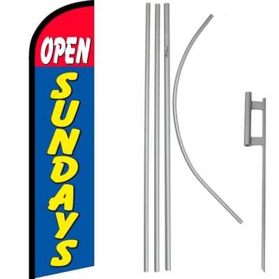 Open Sundays Red & Blue Windless Banner Flag & 16' Flagpole Kit /Ground