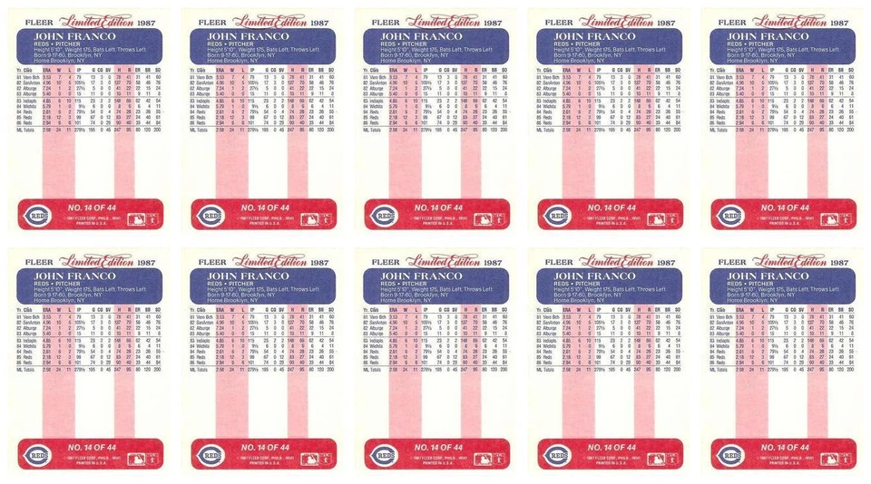 (10) Fleer 1987 Edición Limitada Béisbol #14 John Franco Lote Cincinnati Reds Foto 2 de 2