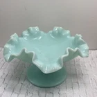 Vintage Fenton Pedestal Dish Candy Turquoise Light Blue Milk Glass Ruffled Edges