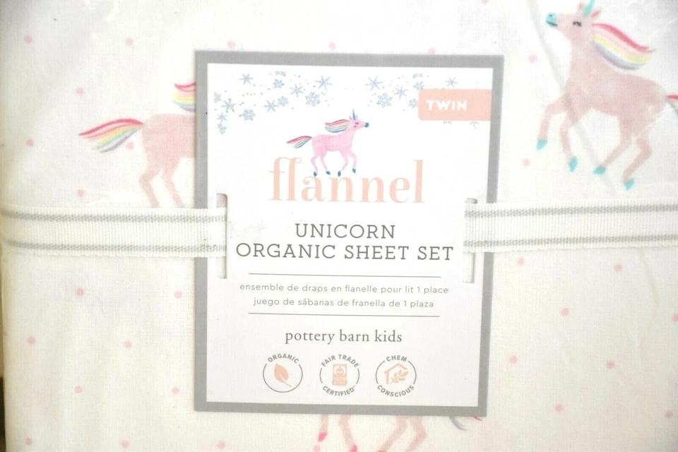 NEW Pottery Barn Kids Organic FLANNEL Rainbow Unicorn TWIN Sheet Set Pink NWT - Image 2 of 4