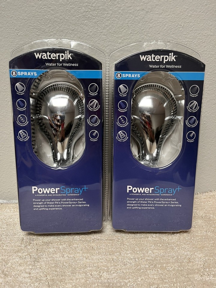 NEW (2) Sealed Waterpik Power Spray Plus Shower Head 8 Spray Settings