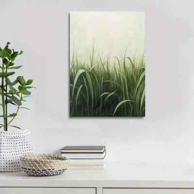 Green Sugarcane Grass Meadow Painting Metal Print Ready to Hang