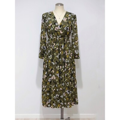 madewell green floral dress Olive Long-Sleeve Midi Size XXS /XS SL70-SEPT-2025