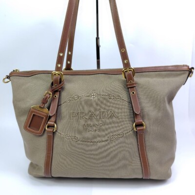 PRADA Canapa Canvas Leather Tote Bag Beige Brown Shoulder
