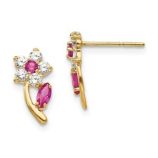 14K Yellow Gold Red  White CZ Rose Flower Stud Earrings Madi K Child's Jewelry
