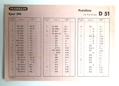 Märklin  Preisliste zum Katalog D 1951 - ''Faltblatt''  ---- B 367