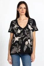 Johnny Was Frankie Everyday Tee Black White Embroidery V Neck Special Shirt New