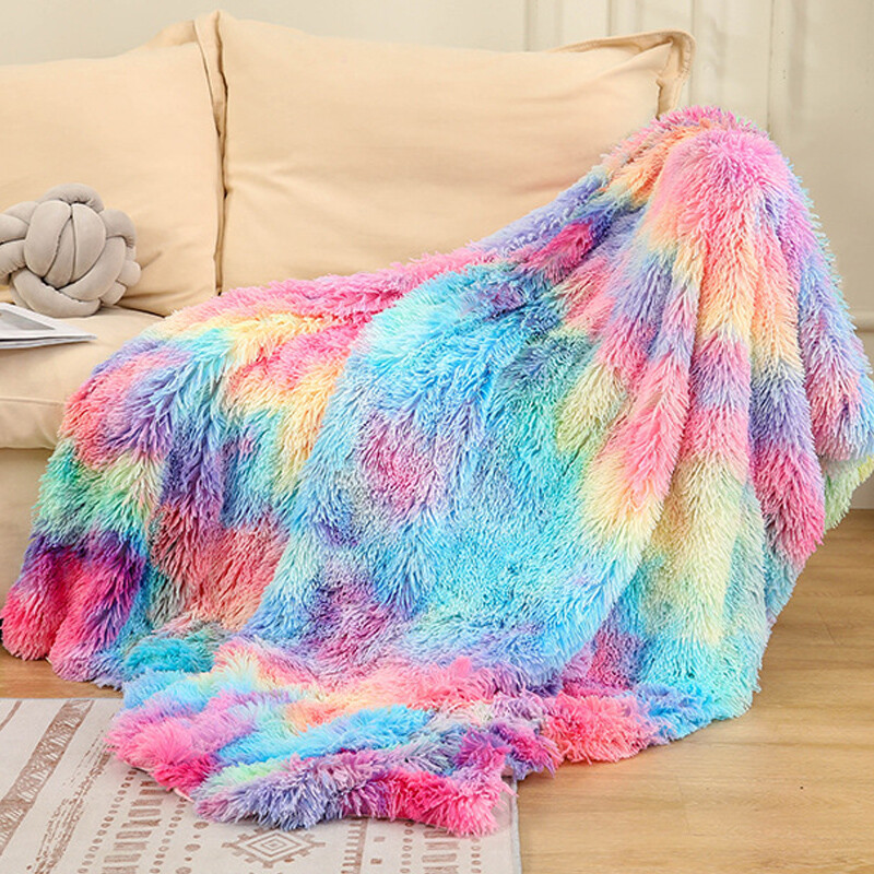 Sofa Bed Double Bedspread Rainbow Soft Warm Fluffy Shaggy Blanket Faux