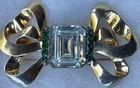 Eisenberg Vintage Gold Tone Bow Brooch Clear Glass Emerald Stone Signed
