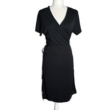 Gap Factory Full Wrap Dress Large Black Short Sleeve Tie Waist Rayon Stretch