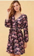 Hayden LA Burnout Velvet Floral Wrap Dress Large NWT Purple Black Belted V-neck